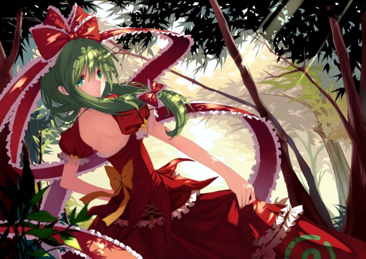 touhou, Bow, Dress, Green, Eyes, Green, Hair, Kagiyama, Hina, Long, Hair, Ribbons, Suisai, , Touhou, Tree HD Wallpaper Desktop Background