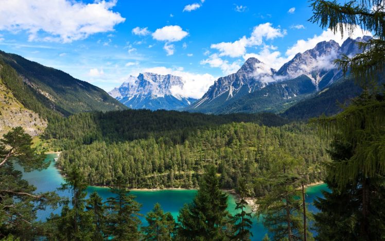 blue, Mountains, Nature, Trees, Majestic, Rivers HD Wallpaper Desktop Background