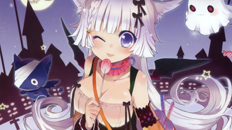 cats, Halloween, Lollipops, Animal, Ears, Anime, Girls HD Wallpaper Desktop Background