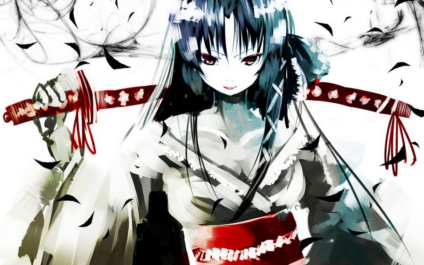 Katana Cleavage Long Hair Weapons Kimono Red Eyes Little