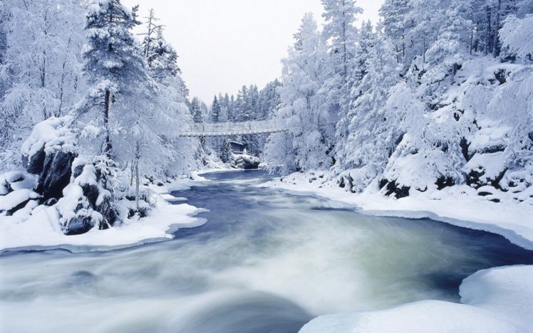 snow, Trees, Snow, Landscapes, Rivers HD Wallpaper Desktop Background