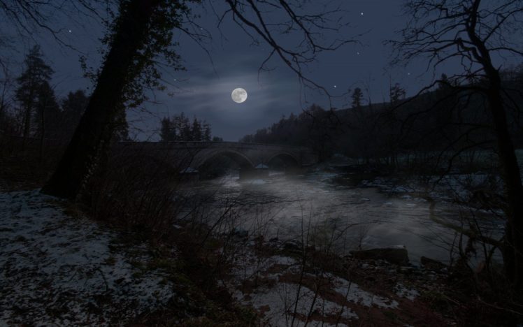 night, Moon, Bridges, Rivers HD Wallpaper Desktop Background