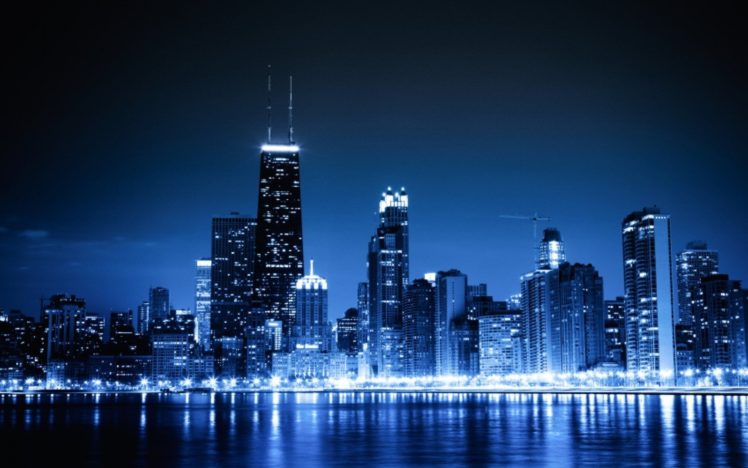 blue, Cityscapes, Chicago, Night, Lights, Urban, Skyscrapers HD Wallpaper Desktop Background