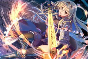 blondes, Dress, Long, Hair, Weapons, Brown, Eyes, Armor, Open, Mouth, Anime, Girls, Gauntlets, Swords, Original, Characters