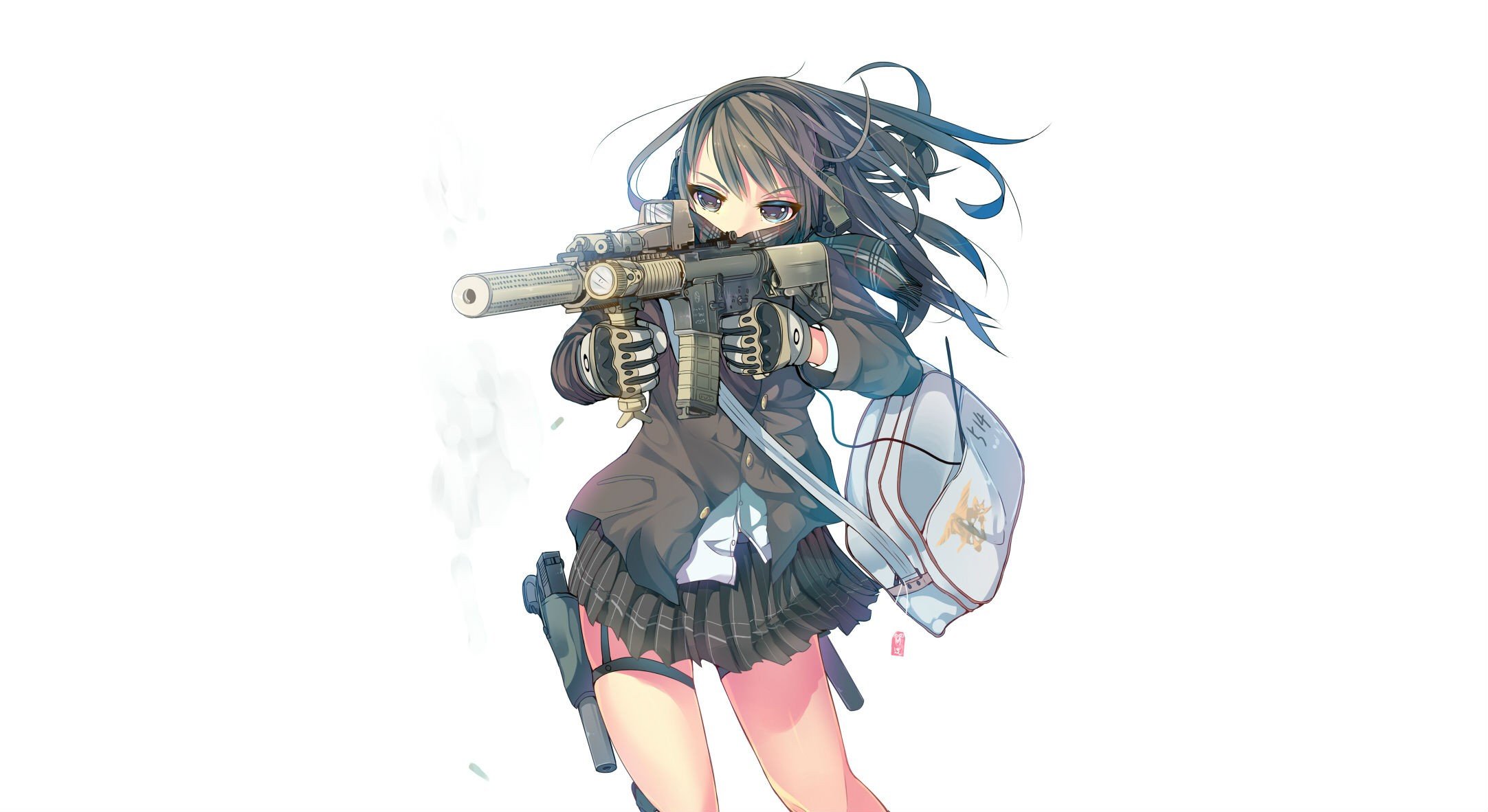 pistols, Guns, Blue, Eyes, Call, Of, Duty, School, Uniforms, Skirts, Weapons, Glock, Silencer, M4a1, Simple, Background, Anime, Girls, White, Background, Holographic, Black, Hair, Foregrip, Flashlight Wallpaper