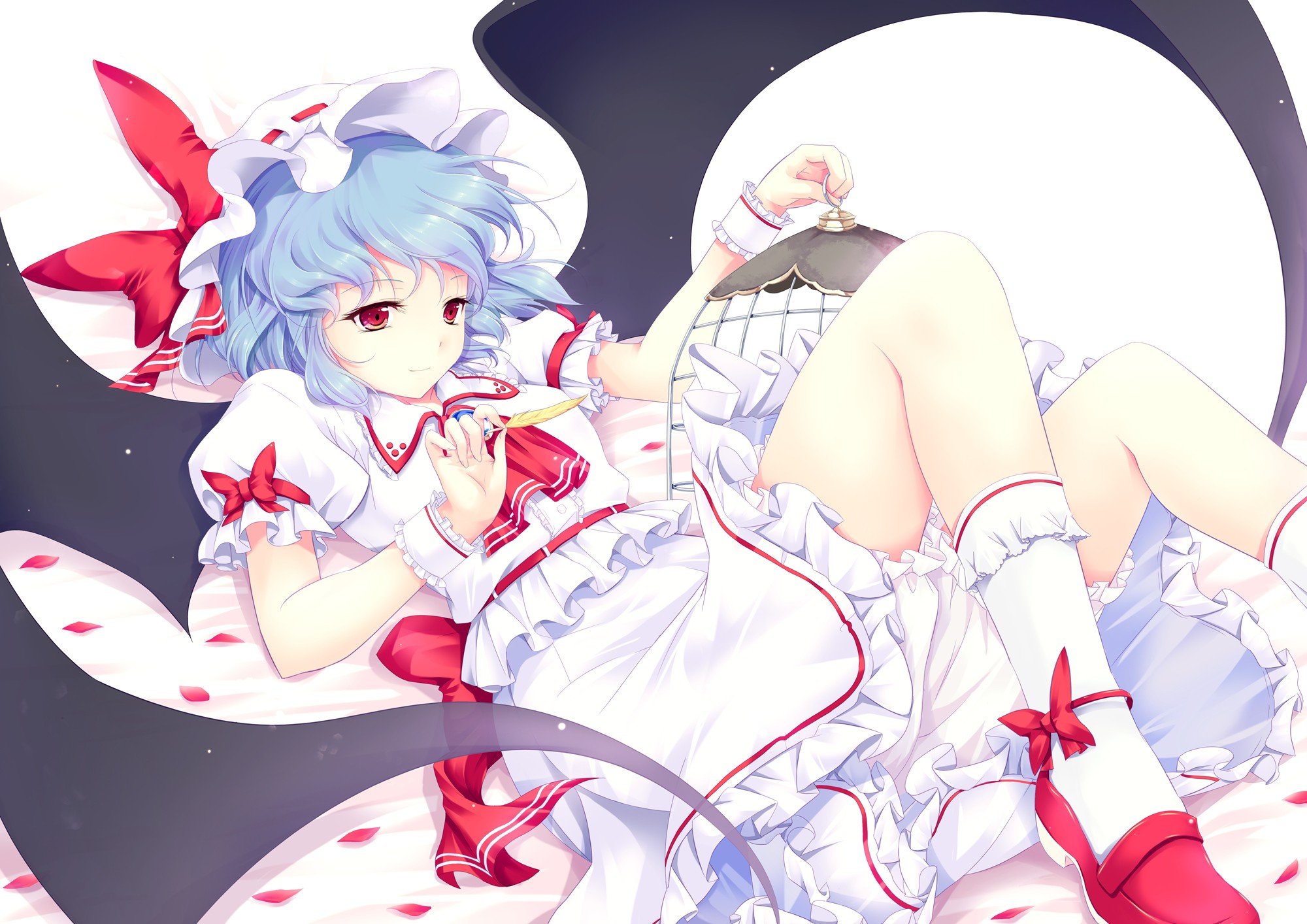 video, Games, Touhou, Wings, Blue, Hair, Feathers, Red, Eyes, Short, Hair, Hats, Remilia, Scarlet, Anime, Girls, Bird, Cage Wallpaper