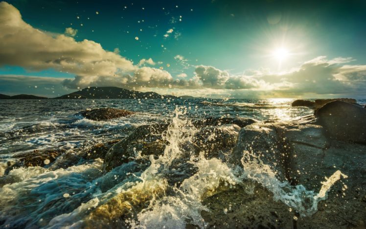 seascapes, Oceans, Nature, Waves, Waterdrops, Water drops, Rocks, Shorelines, Coastlines, Skies, Clouds, Sun HD Wallpaper Desktop Background