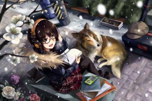 anime, Women, Females, Girls, Asian, Oriental, Blossoms, Flowers, Animals, Dogs, Magical, Artistic, Cute