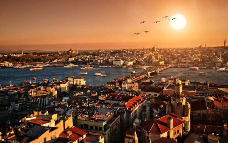 istanbul, Cities, Architecture, Buildings, Sunsets, Scenic, Sunrises, Birds, Animals, Bridges, Scenic, Cityscapes HD Wallpaper Desktop Background