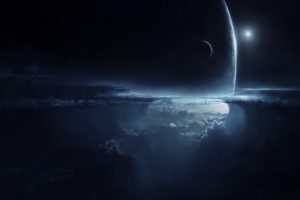 manipulations, Cg, Digital art, Matte, Paintings, Landscapes, Mountains, Planets, Moons, Space, Planetscapes, Fog, Mist, Dark, Sci fi
