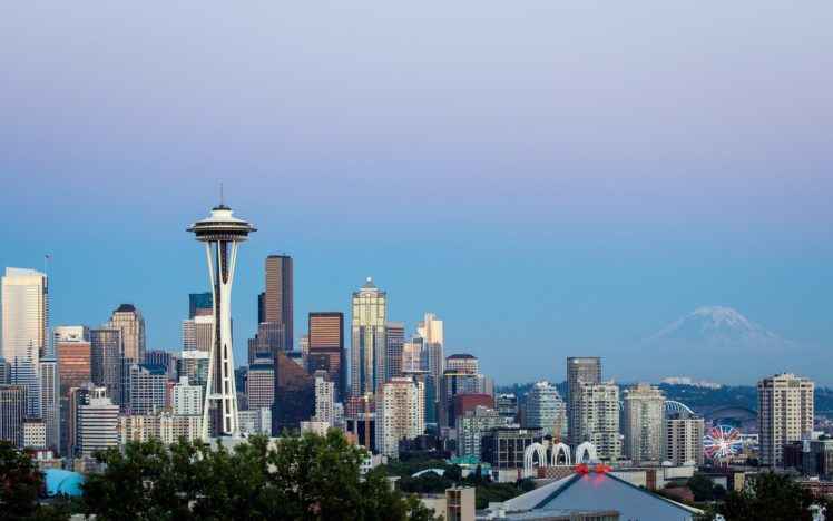 mountains, Cityscapes, Dawn, Seattle, Usa, Skyscrapers, Washington, Space, Needle HD Wallpaper Desktop Background