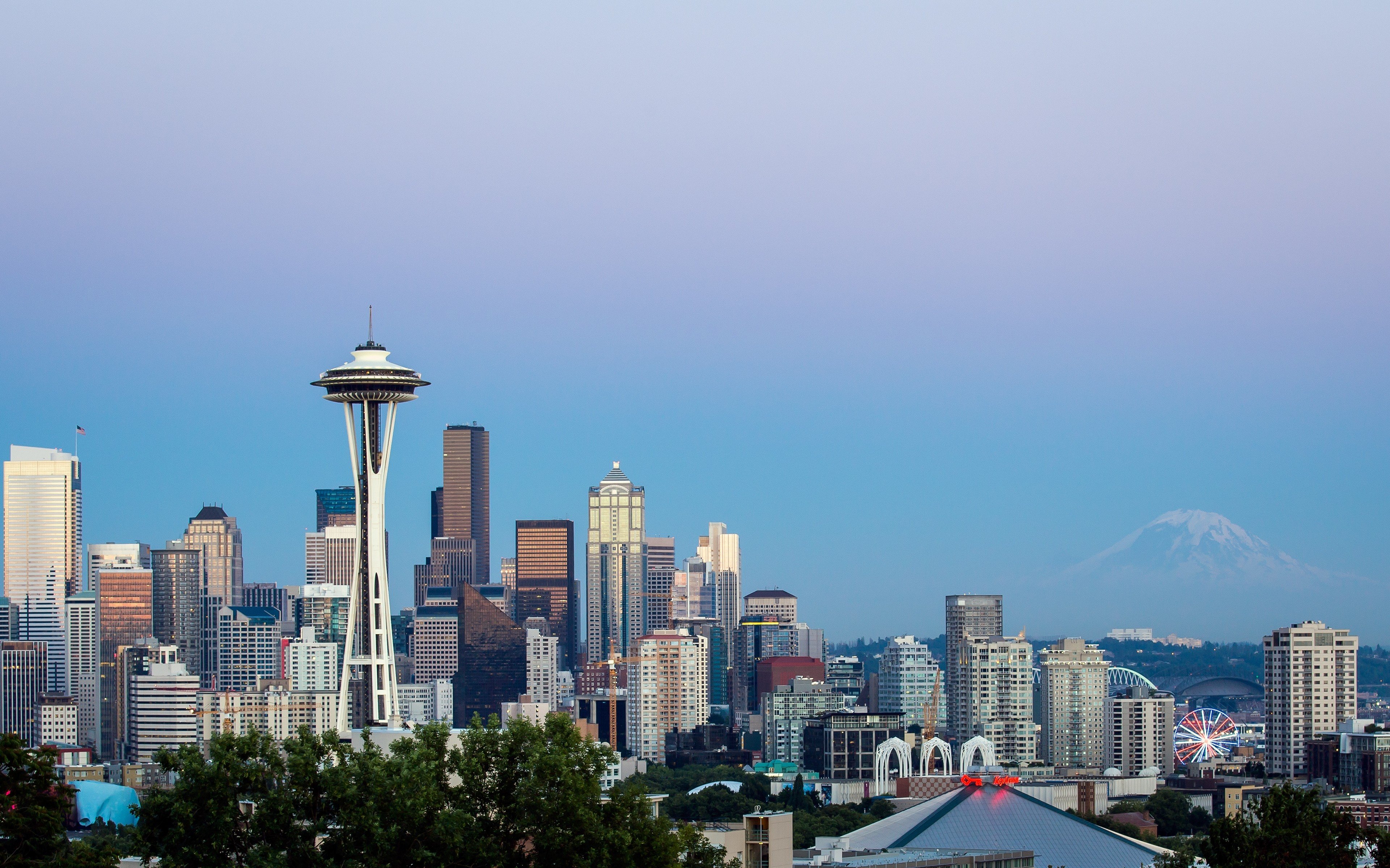 mountains, Cityscapes, Dawn, Seattle, Usa, Skyscrapers, Washington, Space, Needle Wallpaper