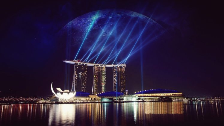 water, Clouds, Lights, Singapore, Digital, Art, Hotels, Reflections, Cities, Rays, Sea HD Wallpaper Desktop Background