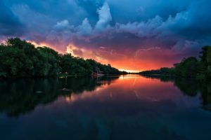 sunset, Trees, Forests, The, River, Lightning, Skies