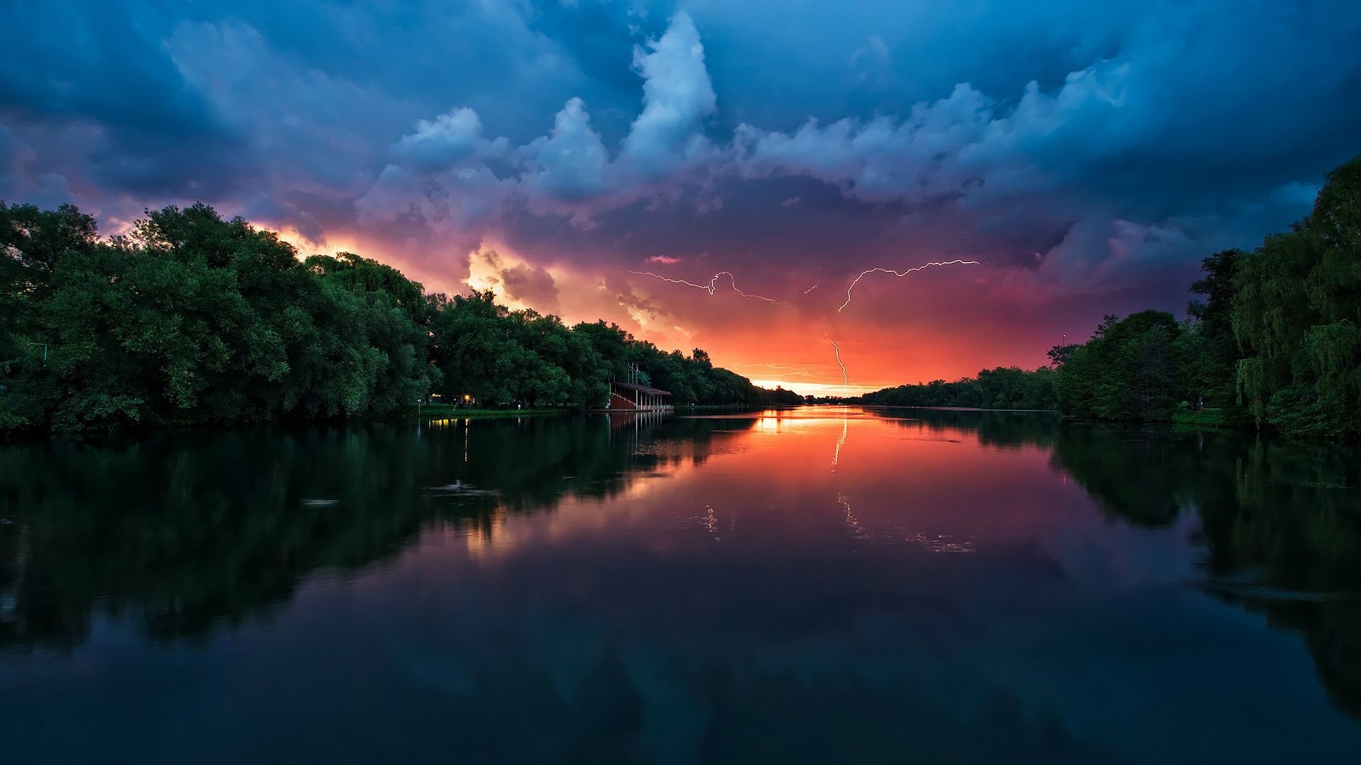 sunset, Trees, Forests, The, River, Lightning, Skies Wallpaper