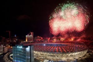 night, Soccer, Fireworks, Olympics, Stadium, Olympics, 2012