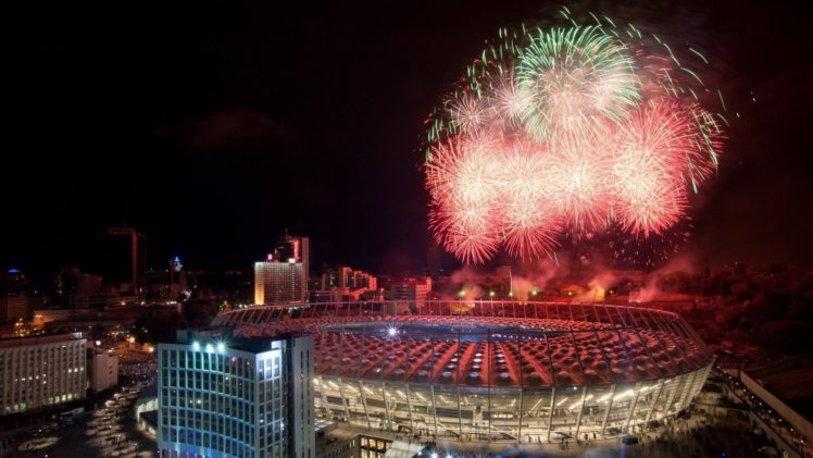 night, Soccer, Fireworks, Olympics, Stadium, Olympics, 2012 HD Wallpaper Desktop Background