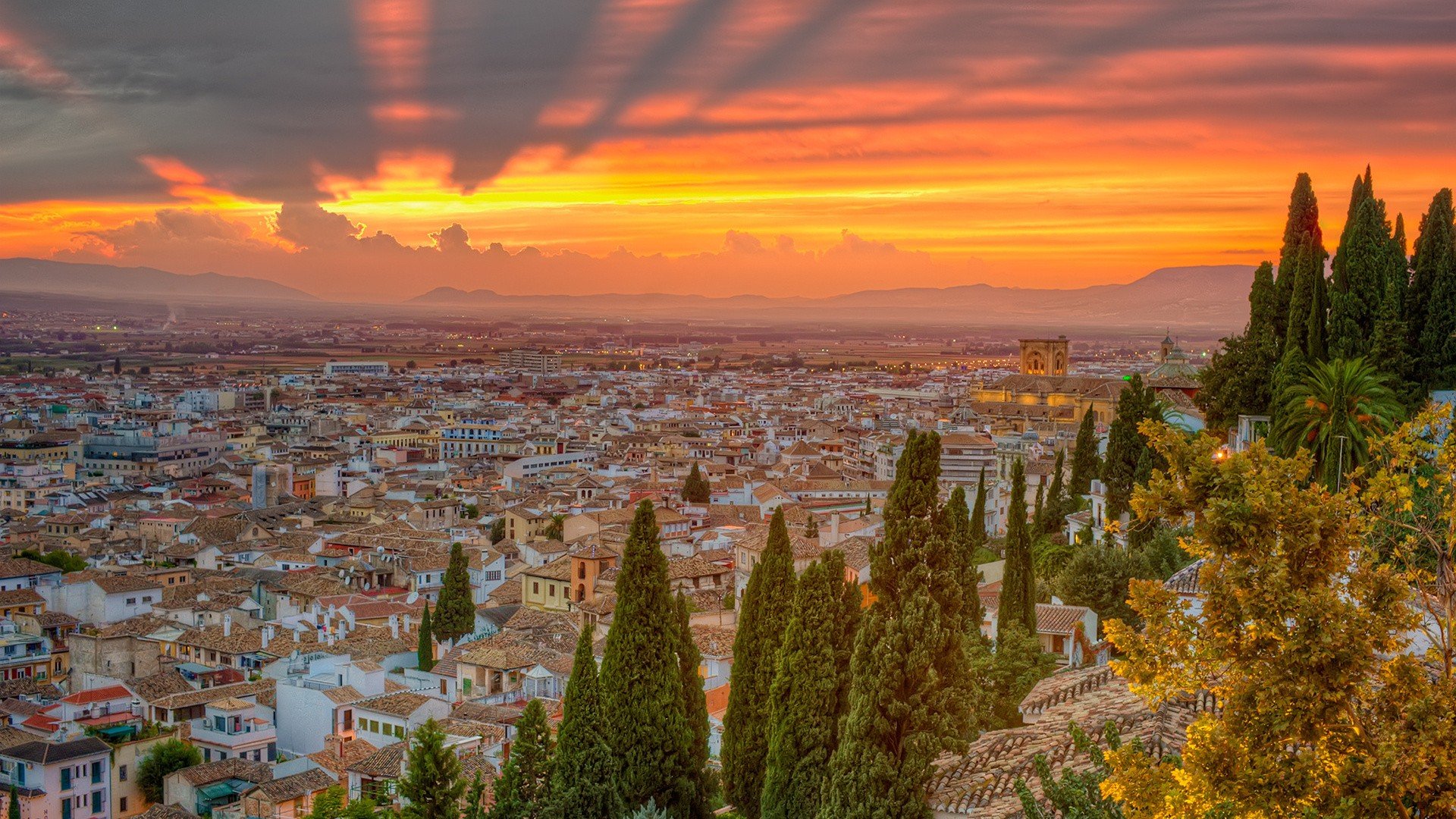 sunset, Nature, Trees, Cityscapes, Spain Wallpaper