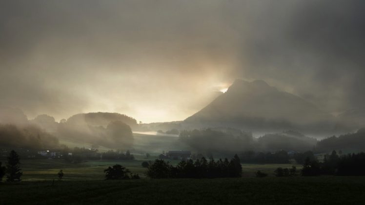 sunrise, Mountains, Landscapes, Fields, Fog, Terrain HD Wallpaper Desktop Background