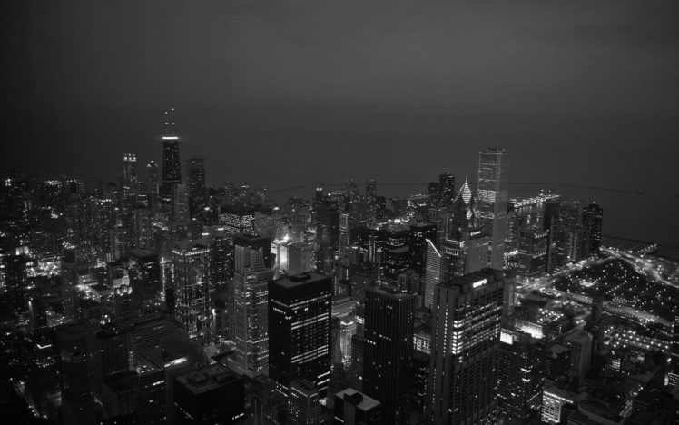cityscapes, Chicago, Lights, Grey, Buildings, Skyscrapers, Monochrome HD Wallpaper Desktop Background
