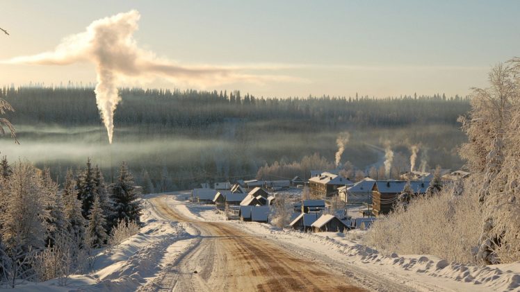 landscapes, Nature, Winter, Snow, Trees, Cityscapes, Smoke, Towns, Roads HD Wallpaper Desktop Background