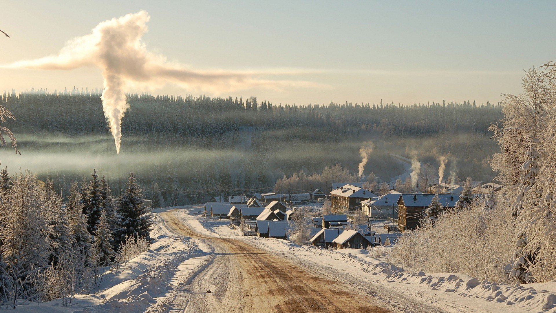 landscapes, Nature, Winter, Snow, Trees, Cityscapes, Smoke, Towns, Roads Wallpaper