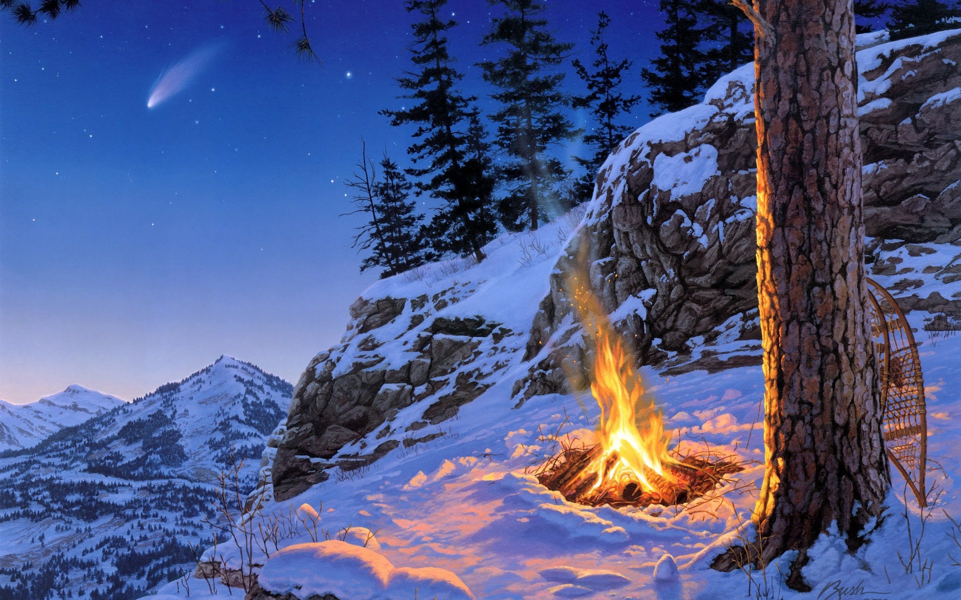 darrel bush, Paintings, Artistic, Landscapes, Mountains, Winter, Snow, Fire, Flames, Scenic, Nature, Trees, Forests Wallpaper