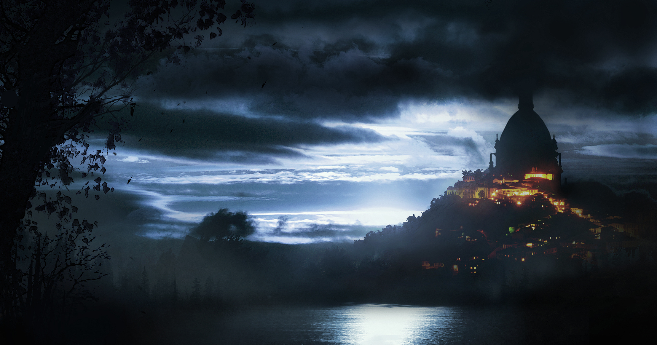 fantasy, Castles, Cities, Lake, Night, Clouds, Moonlight, Lights, Reflections, Architecture, Buildings, Cg Wallpaper