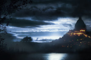 fantasy, Castles, Cities, Lake, Night, Clouds, Moonlight, Lights, Reflections, Architecture, Buildings, Cg