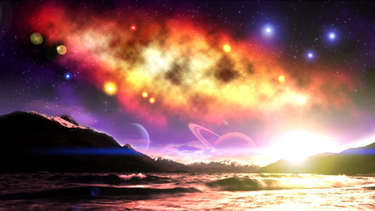 manipulation, Cg, Digital art, Sci fi, Fantasy, Magical, Colors, Landscapes, Nature, Space, Skies, Stars, Planets, Nebula HD Wallpaper Desktop Background