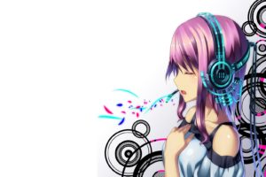 headphones, Abstract, Multicolor, Patterns, Pink, Hair, Short, Hair, Anime, Girls, White, Background