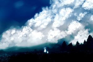 clouds, Landscapes, Nature, Trees, Dress, Forests, Birds, Grass, Dogs, Long, Hair, Outdoors, Scenic, White, Dress, Skyscapes, Hats, Anime, Girls, Black, Hair, Skies, Original, Characters