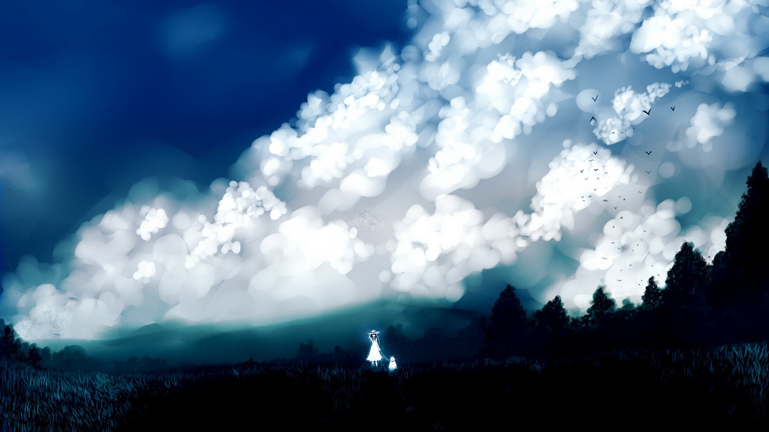 clouds, Landscapes, Nature, Trees, Dress, Forests, Birds, Grass, Dogs, Long, Hair, Outdoors, Scenic, White, Dress, Skyscapes, Hats, Anime, Girls, Black, Hair, Skies, Original, Characters Wallpaper