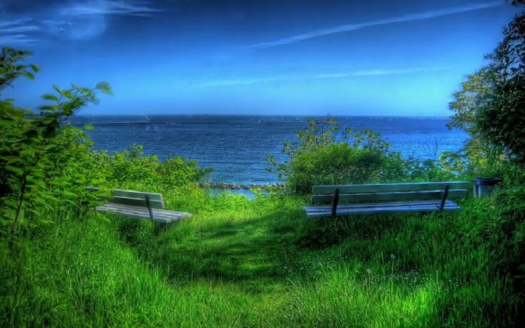 blue, Landscapes, Nature, Bench, Hdr, Photography, Sea HD Wallpaper Desktop Background