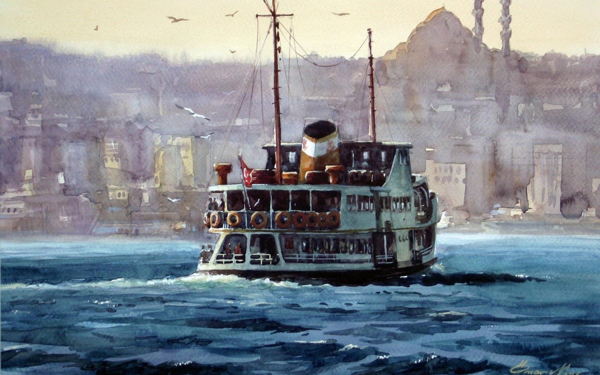 cityscapes, Turkey, Artwork, Turkish, Istanbul, Cities, Steamship, Paintwork Wallpaper