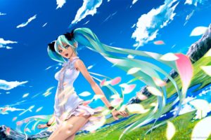 water, Mountains, Clouds, Landscapes, Nature, Vocaloid, Dress, Hatsune, Miku, Blue, Eyes, Meadows, Long, Hair, Green, Hair, Twintails, Scenic, Flower, Petals, White, Dress, Redjuice, Skyscapes, Reflections, Blue