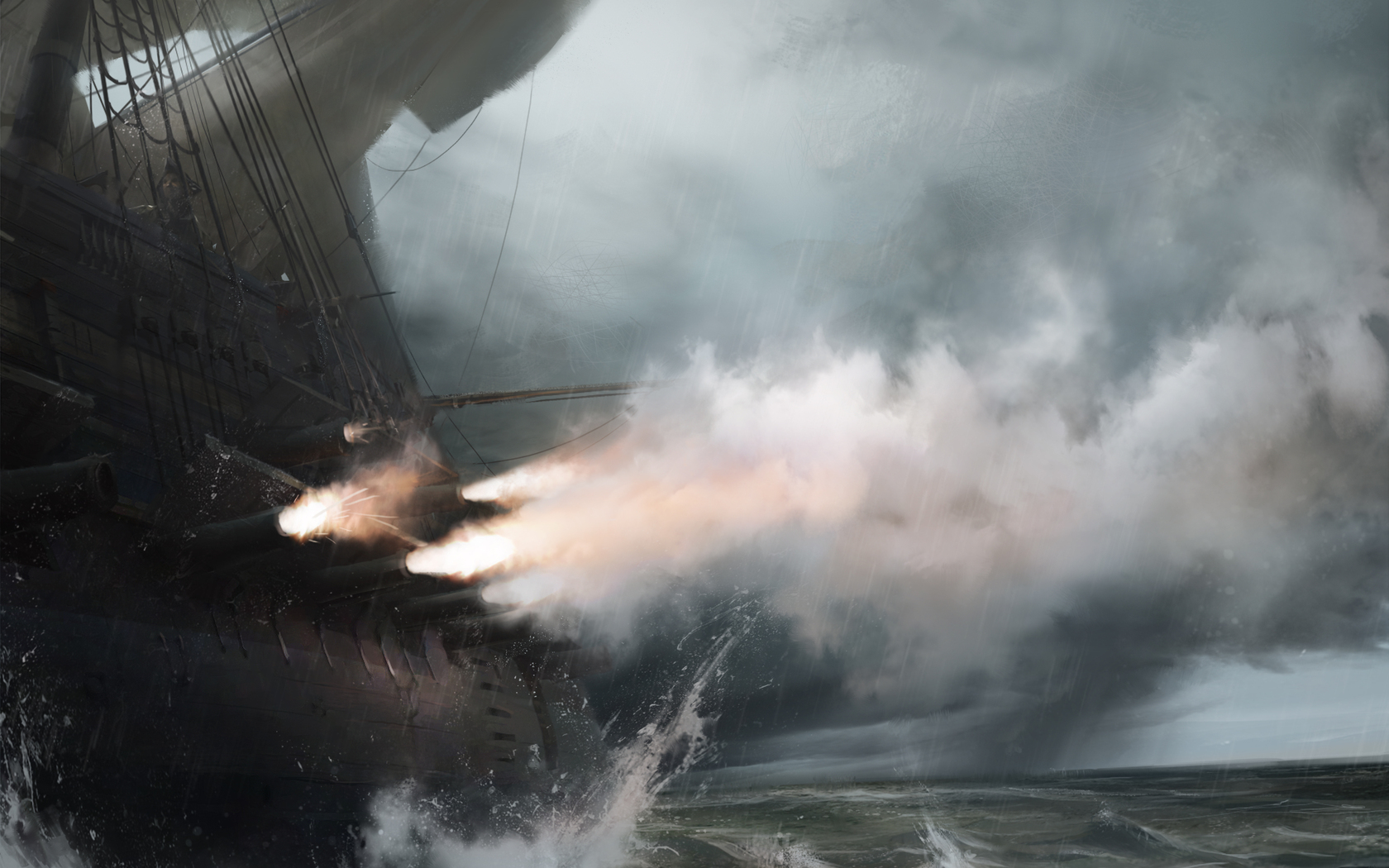 fantasy, Pirate, Ships, Explosion, Fire, Flames, Ocean, Action, Adventure, Battles, War, Smoke, Clouds Wallpaper