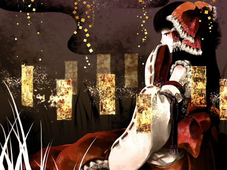 video, Games, Touhou, Long, Hair, Miko, Red, Eyes, Hakurei, Reimu, Bows, Sitting, Japanese, Clothes, Detached, Sleeves, Ofuda, Hair, Ornaments, Eye, Shadow, Black, Hair HD Wallpaper Desktop Background