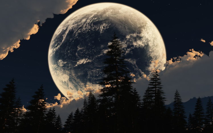 cg, Digital art, Manipulations, Space, Sci fi, Planets, Moon, Skies, Clouds, Scenic, Trees, Forest, Night, Lights, Surreal HD Wallpaper Desktop Background