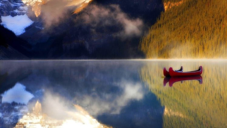 mountains, Landscapes, Nature, Canada, Alberta, Boats, Lakes, Banff, National, Park, Reflections HD Wallpaper Desktop Background