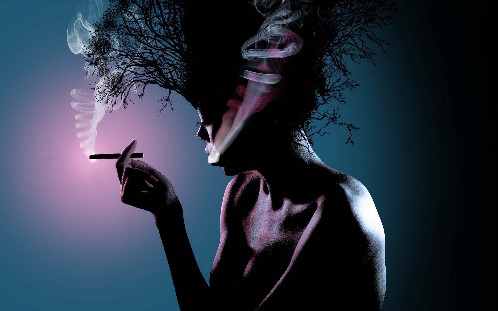 women, Smoking, Trees Wallpaper