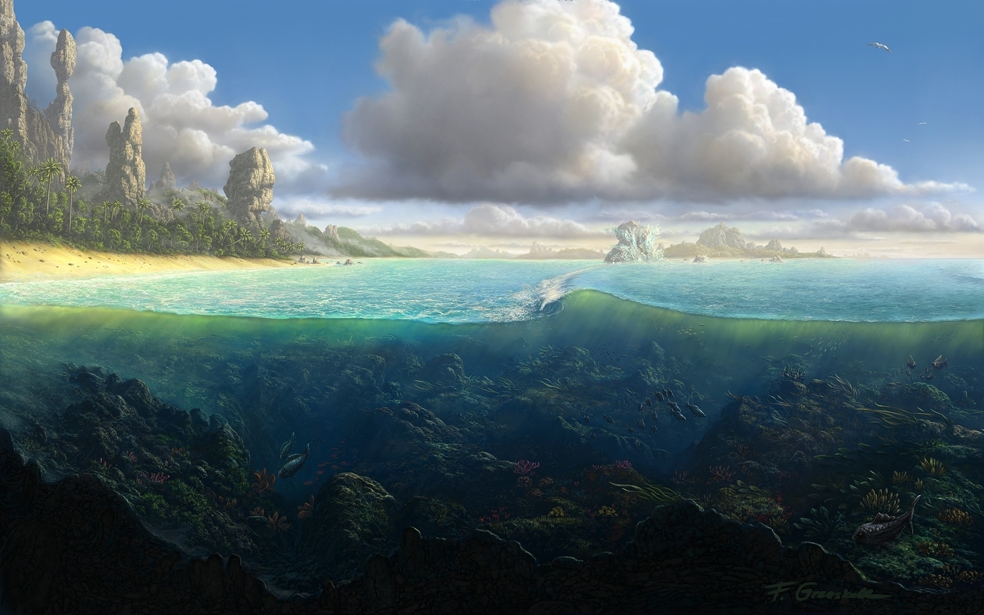 anime, Landscapes, Seascapes, Ocean, Sea, Animals, Fishes, Island, Land, Skies, Clouds, Detail, Fantasy, Cg, Digital art, Artistic Wallpaper