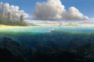 anime, Landscapes, Seascapes, Ocean, Sea, Animals, Fishes, Island, Land, Skies, Clouds, Detail, Fantasy, Cg, Digital art, Artistic
