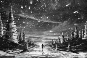 anime, Paintings, Artistic, Mood, Snowflakes, Snow, Nature, Storm, People, Alone, Emotions, Trees, Snow, Winter
