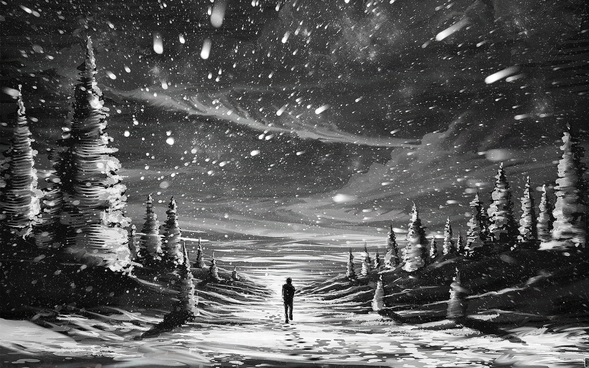 anime, Paintings, Artistic, Mood, Snowflakes, Snow, Nature, Storm, People, Alone, Emotions, Trees, Snow, Winter Wallpaper