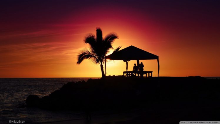 nature, Sun, Silhouettes, Summer, Palm, Trees, Huts, Sea, Beaches HD Wallpaper Desktop Background