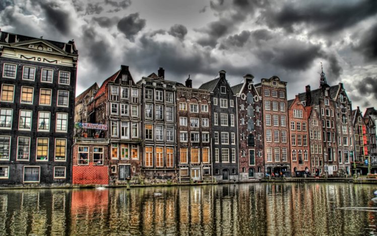 clouds, Buildings, Europe, Dam, Holland, Amsterdam, Hdr, Photography, Rivers, Reflections HD Wallpaper Desktop Background