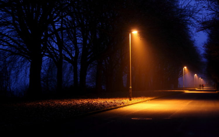 nature, Night, Lights, Lamps, Lamp post, Trees, Lightbeams, Roads, People, Alone HD Wallpaper Desktop Background
