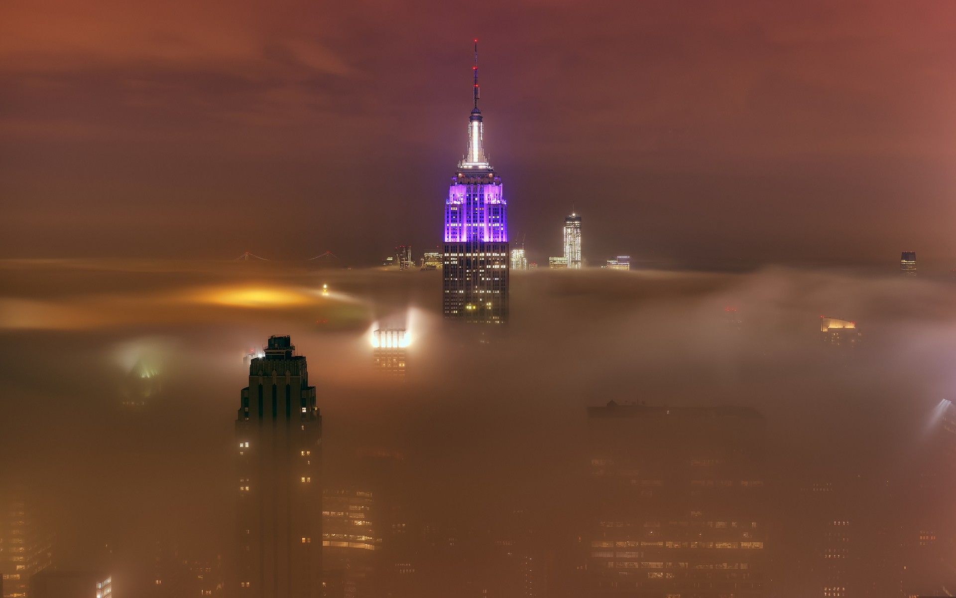 new york, Cities, Architecture, Buildings, Skyscrapers, Night, Lights, Hdr, Clouds, Fog, Mist, Skies Wallpaper