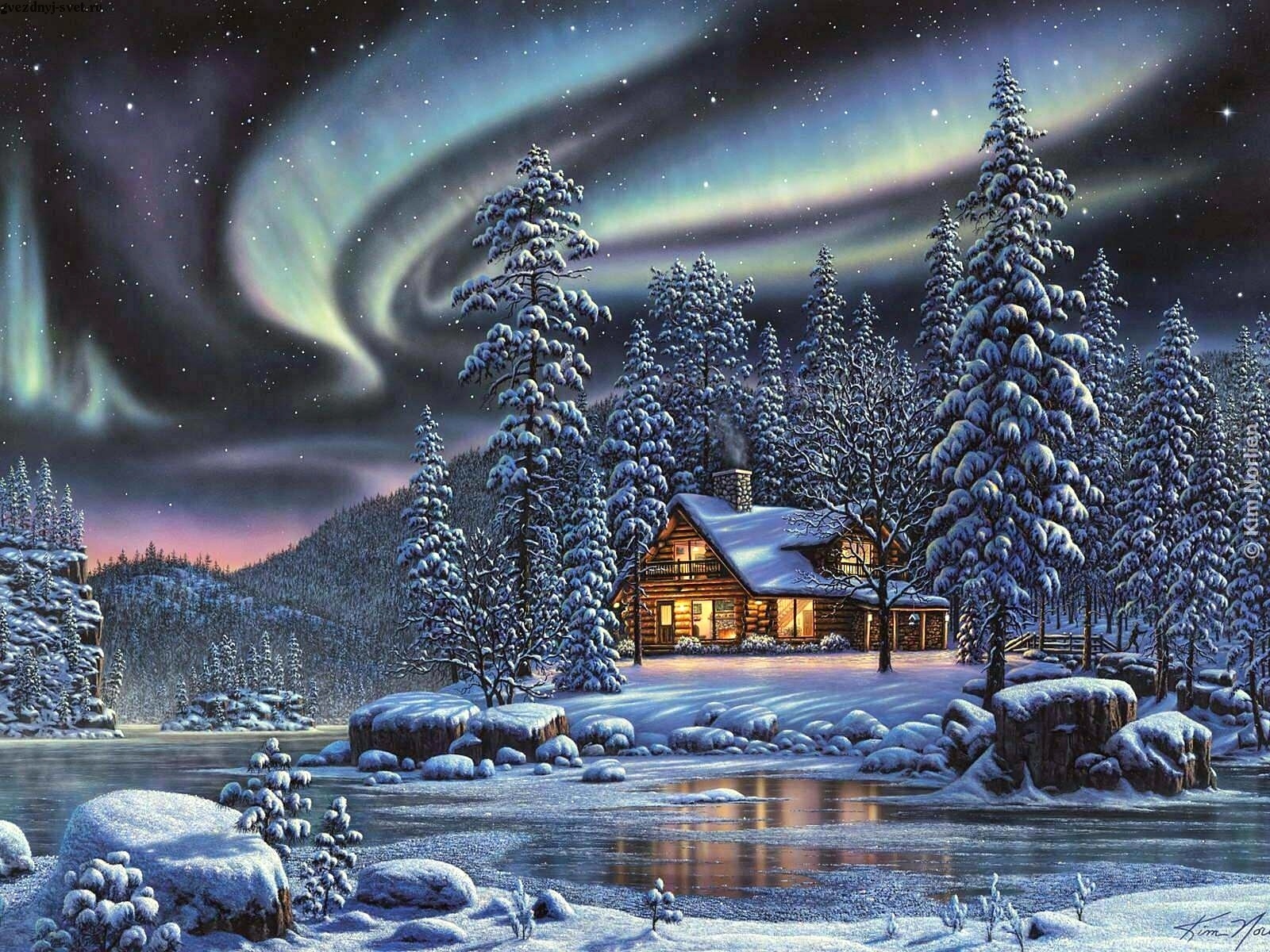 kim norlien, Fantasy, Sci fi, Artistic, Art, Landscapes, Nature, Winter, Seasons, Holidays, Christmas, Snow, Skies, Stars, Aurora, Stars, Trees, Forest, Scenic, Colors Wallpaper